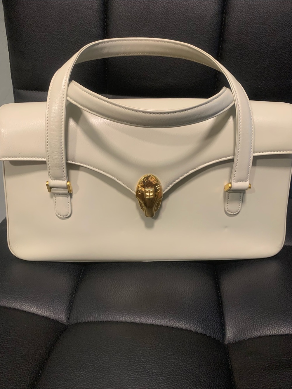 Authentic Givenchy Cream Leather Top-Handle Satchel with Gold-Tone Clasp